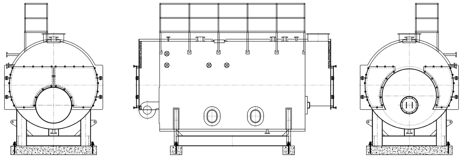 Technical CAD drawing of a three-pass horizontal steam boiler, shown in front, side and rear elevation views