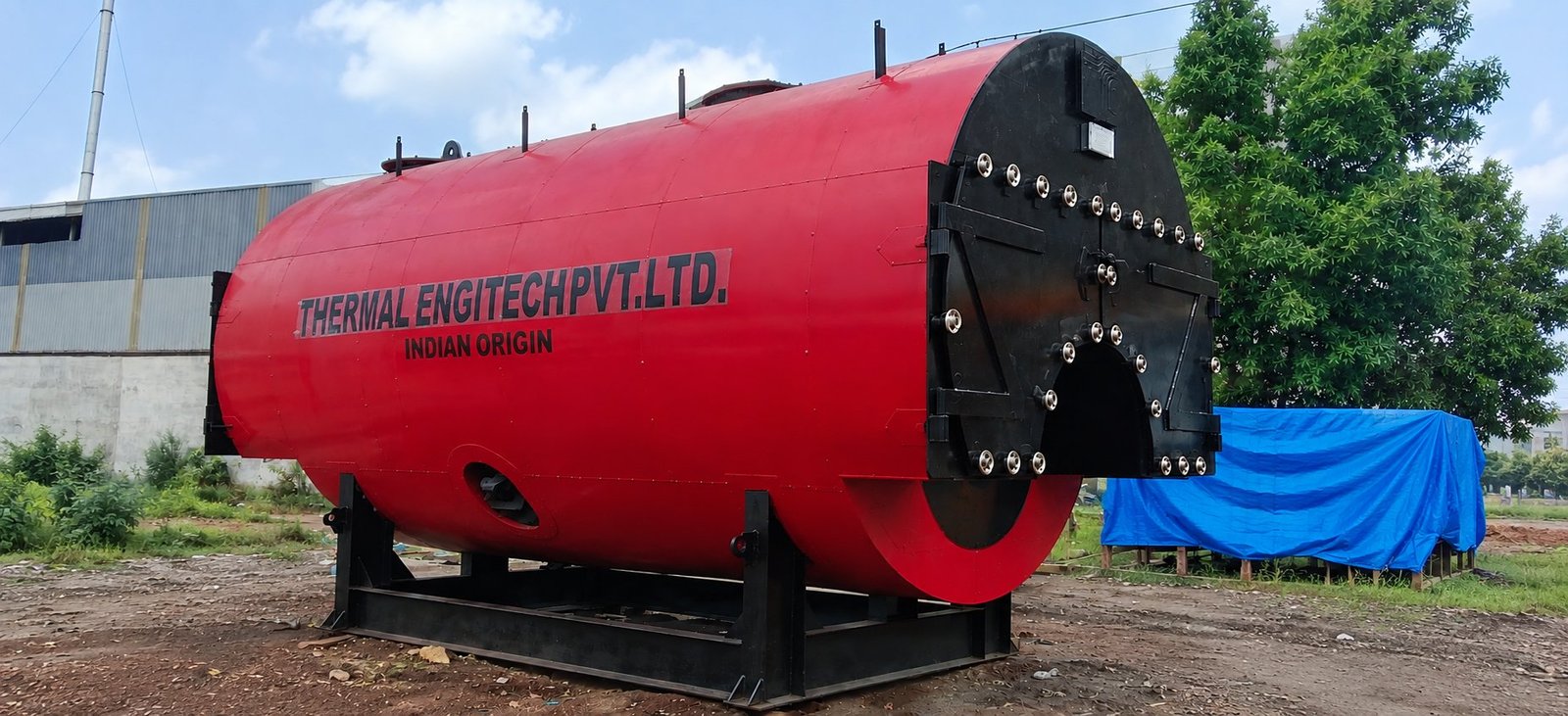 A completed Thermal Engitech steam boiler ready for dispatch at the Dhamatwan facility
